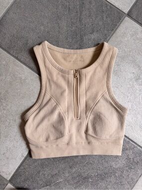Aerie Beige Zip-Front Ribbed Workout Top size S